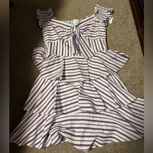 Lucy Paris White Dress with Purple Stripes and Ruffle Tiers